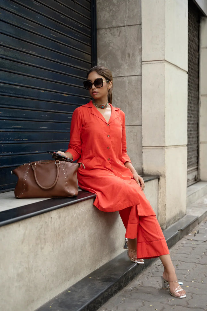 Tangerine Orange Pure Cotton Co-ord Set | SHOBITAM