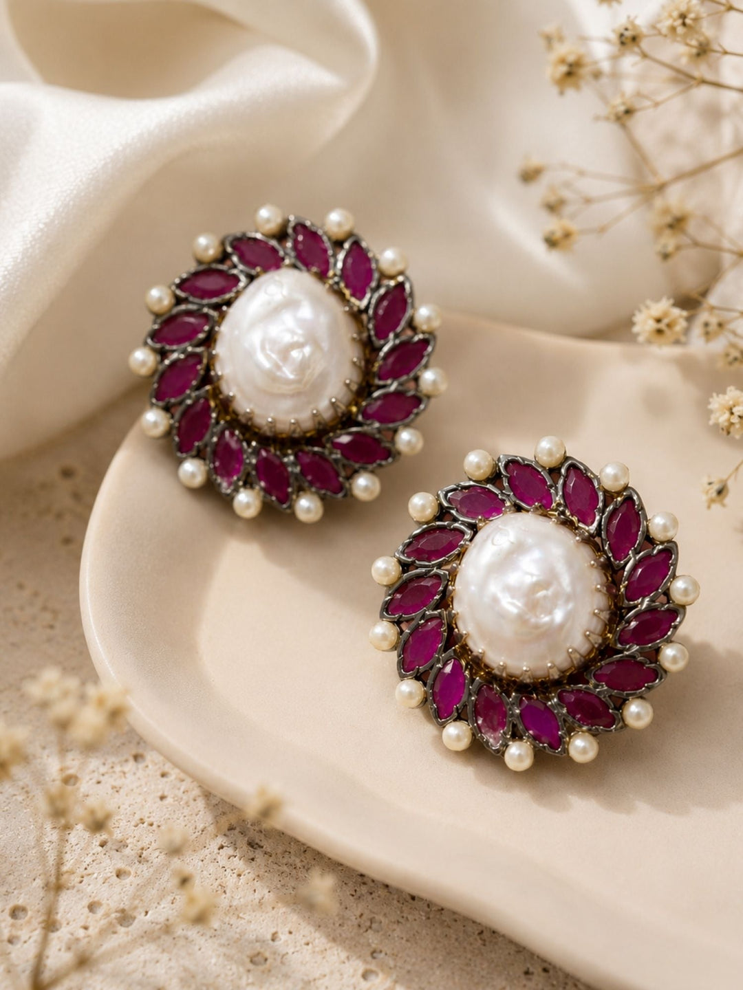 Royal Baroque Pearl Ruby Stud Earrings | SHOBITAM