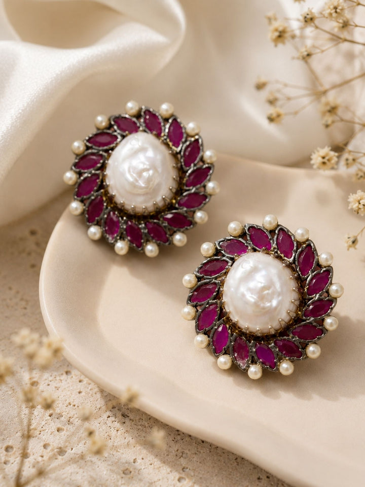Royal Baroque Pearl Ruby Stud Earrings | SHOBITAM