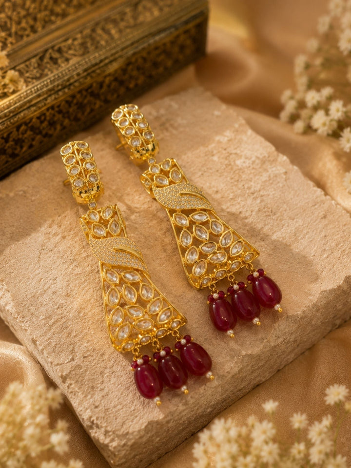 Ruby Kundan Drop Earrings in Gold Finish – Party Wear | SHOBITAM