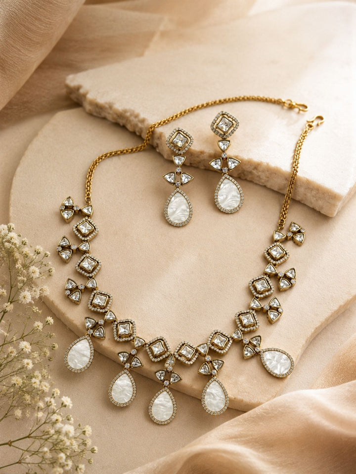 Victorian Gold Plated Mother of Pearl Necklace Set with Earrings | SHOBITAM