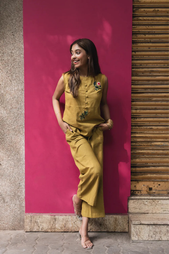 Olive Green Khadi Cotton Co-ord Set | SHOBITAM