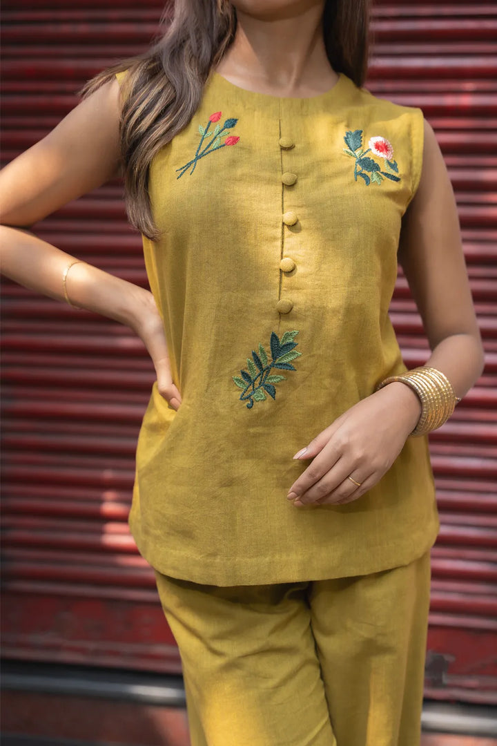 Olive Green Khadi Cotton Co-ord Set | SHOBITAM