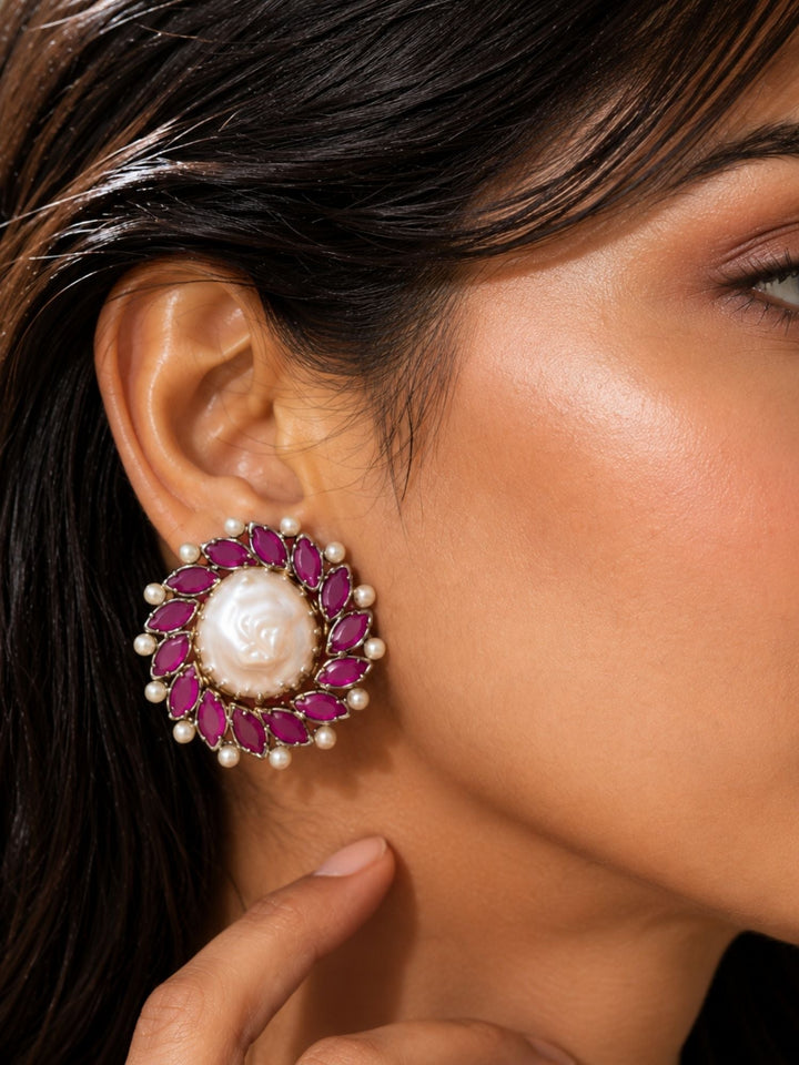 Royal Baroque Pearl Ruby Stud Earrings | SHOBITAM
