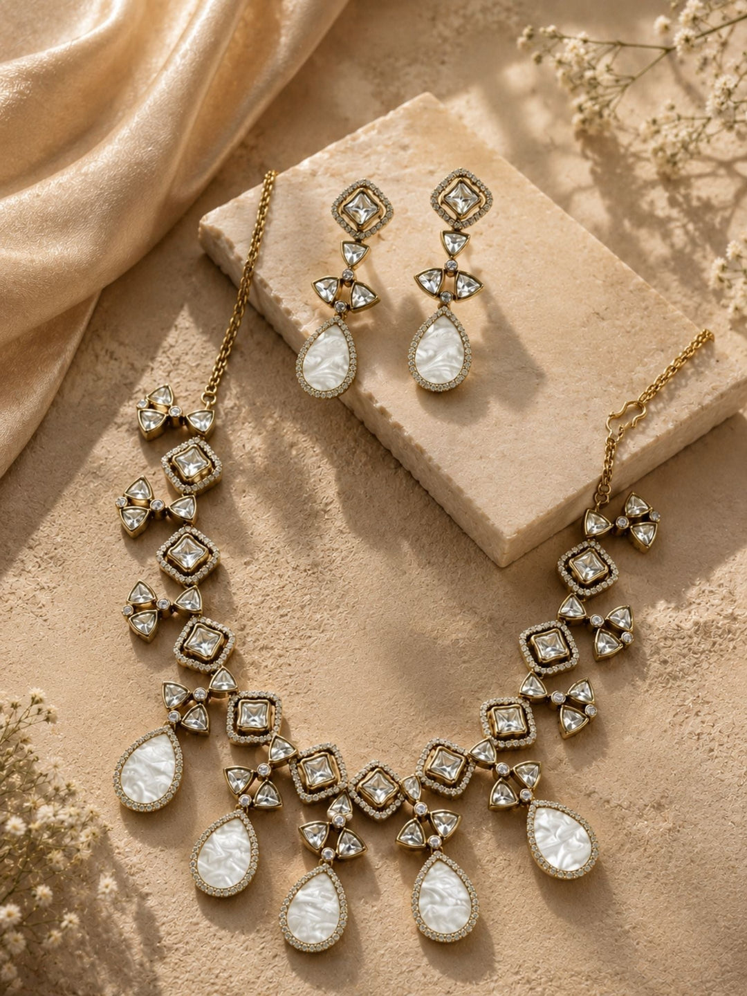 Victorian Gold Plated Mother of Pearl Necklace Set with Earrings | SHOBITAM