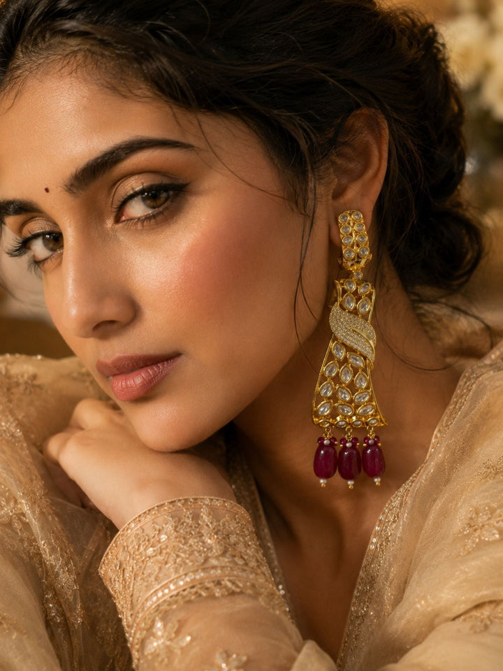 Ruby Kundan Drop Earrings in Gold Finish – Party Wear | SHOBITAM