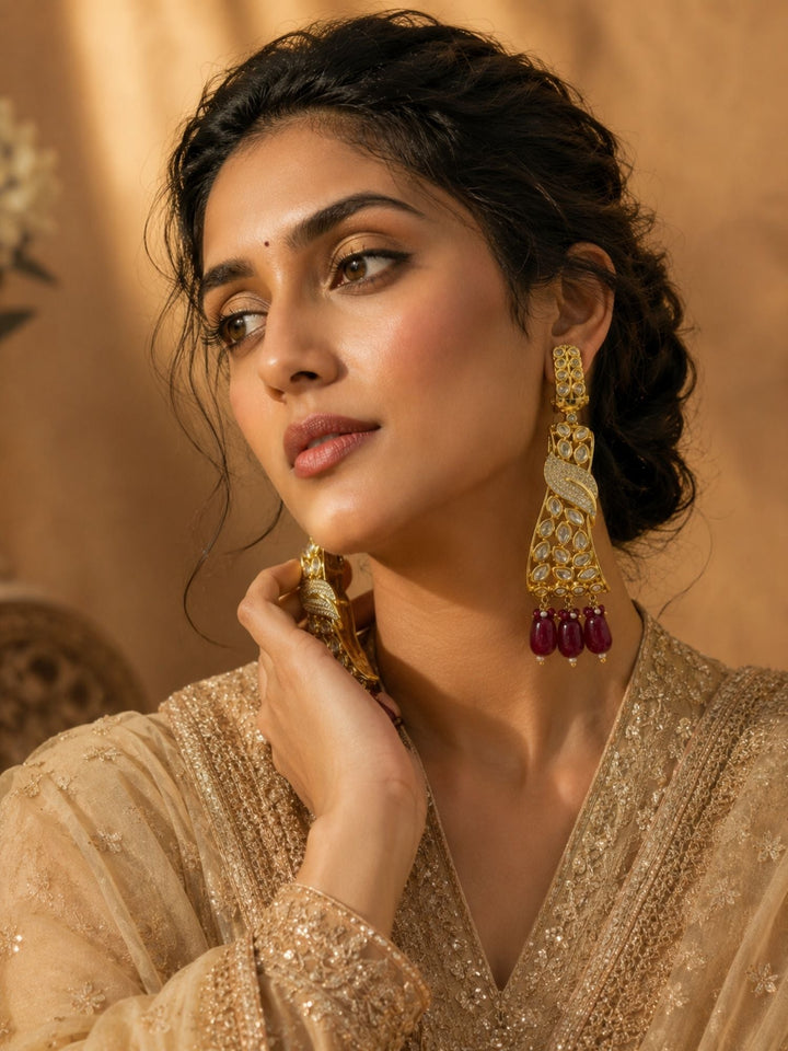 Ruby Kundan Drop Earrings in Gold Finish – Party Wear | SHOBITAM