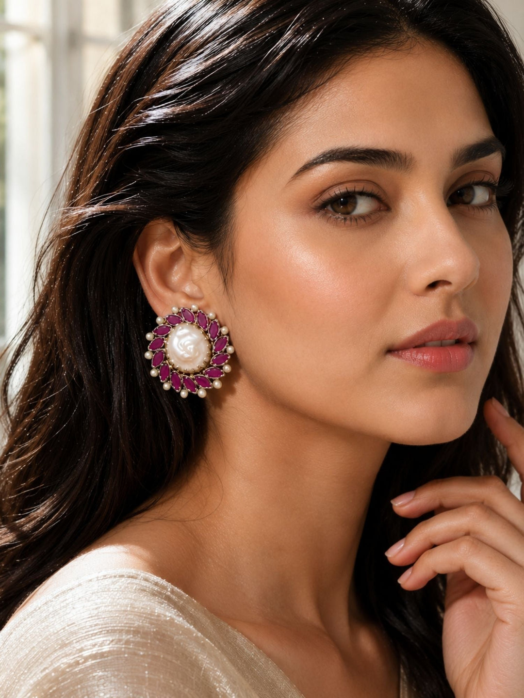 Royal Baroque Pearl Ruby Stud Earrings | SHOBITAM