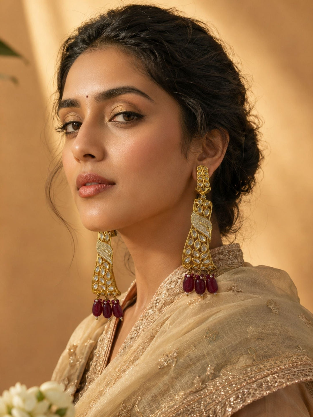 Ruby Kundan Drop Earrings in Gold Finish – Party Wear | SHOBITAM