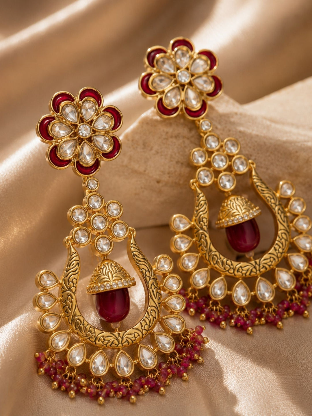 Traditional Red Stone Bridal Jhumka Earrings – Festive Wear | SHOBITAM