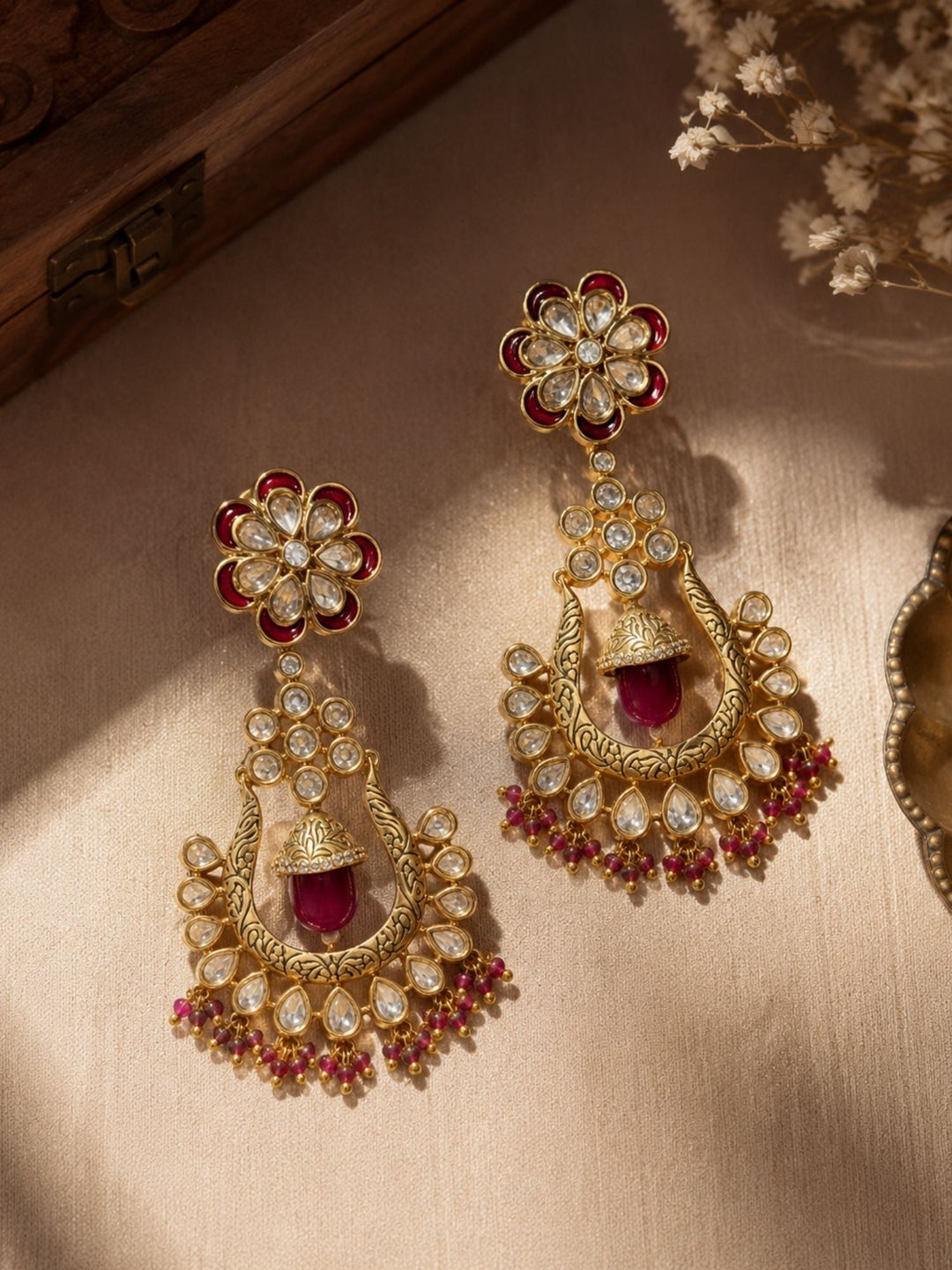 Traditional Red Stone Bridal Jhumka Earrings – Festive Wear | SHOBITAM