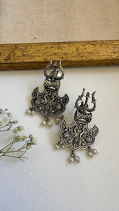 Trishuli Earrings in Brass with Antique Silver Polish | SHOBITAM