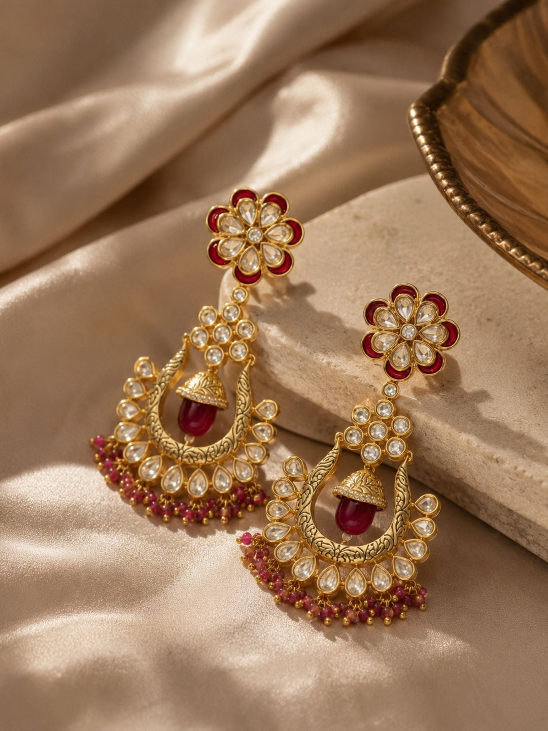 Traditional Red Stone Bridal Jhumka Earrings – Festive Wear | SHOBITAM