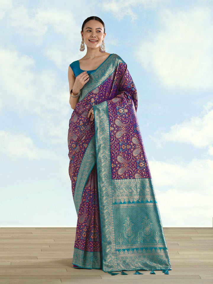 Purple Banarasi Semi Silk Saree With Traditional Paisley Weaves | SHOBITAM