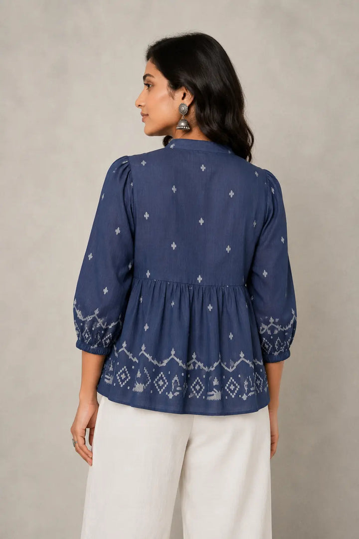 Handloom Indigo Jamdani Peplum Top | SHOBITAM