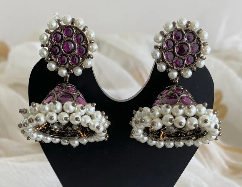 Black finish precious kemp pearl jhumkka with detachable stud | SHOBITAM