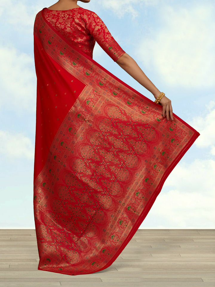 Red Banarasi Silk Blend Saree Comes with Unstitched blouse piece |SHOBITAM