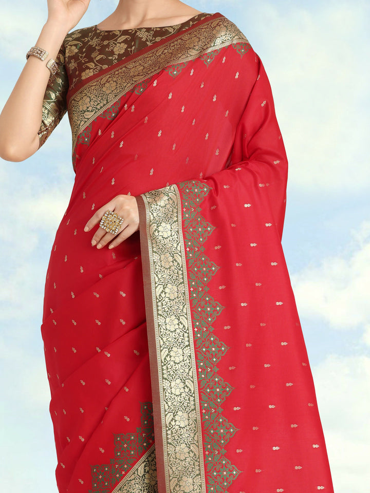 Semi Banarasi Silk Red Color Weaving Saree| SHOBITAM