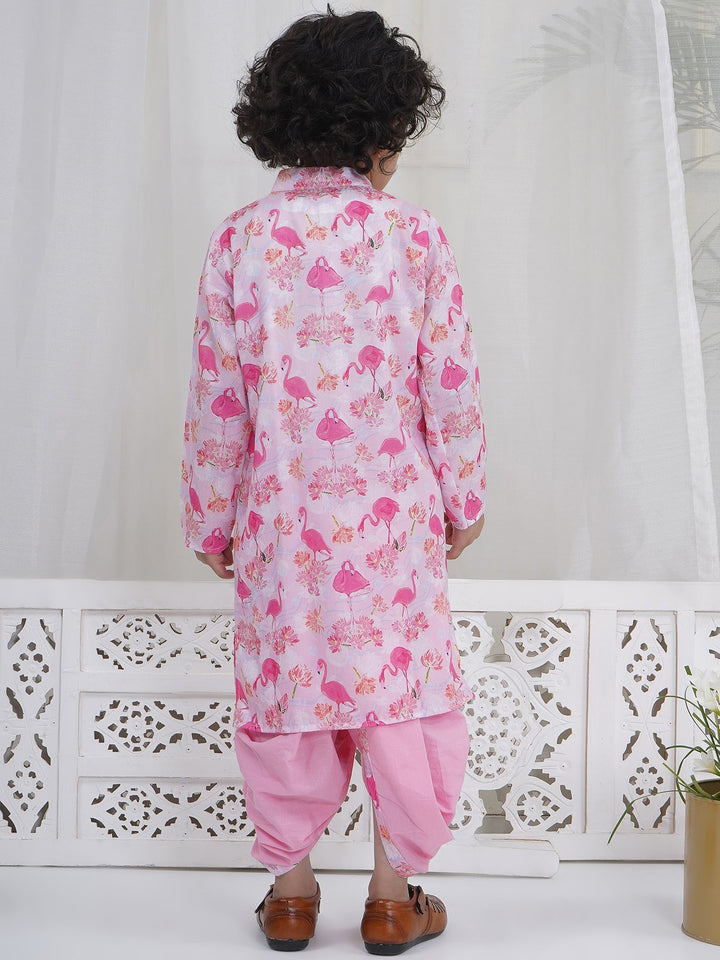 Boys Pink Muslin Flamingo Dhoti Kurta Set | SHOBITAM