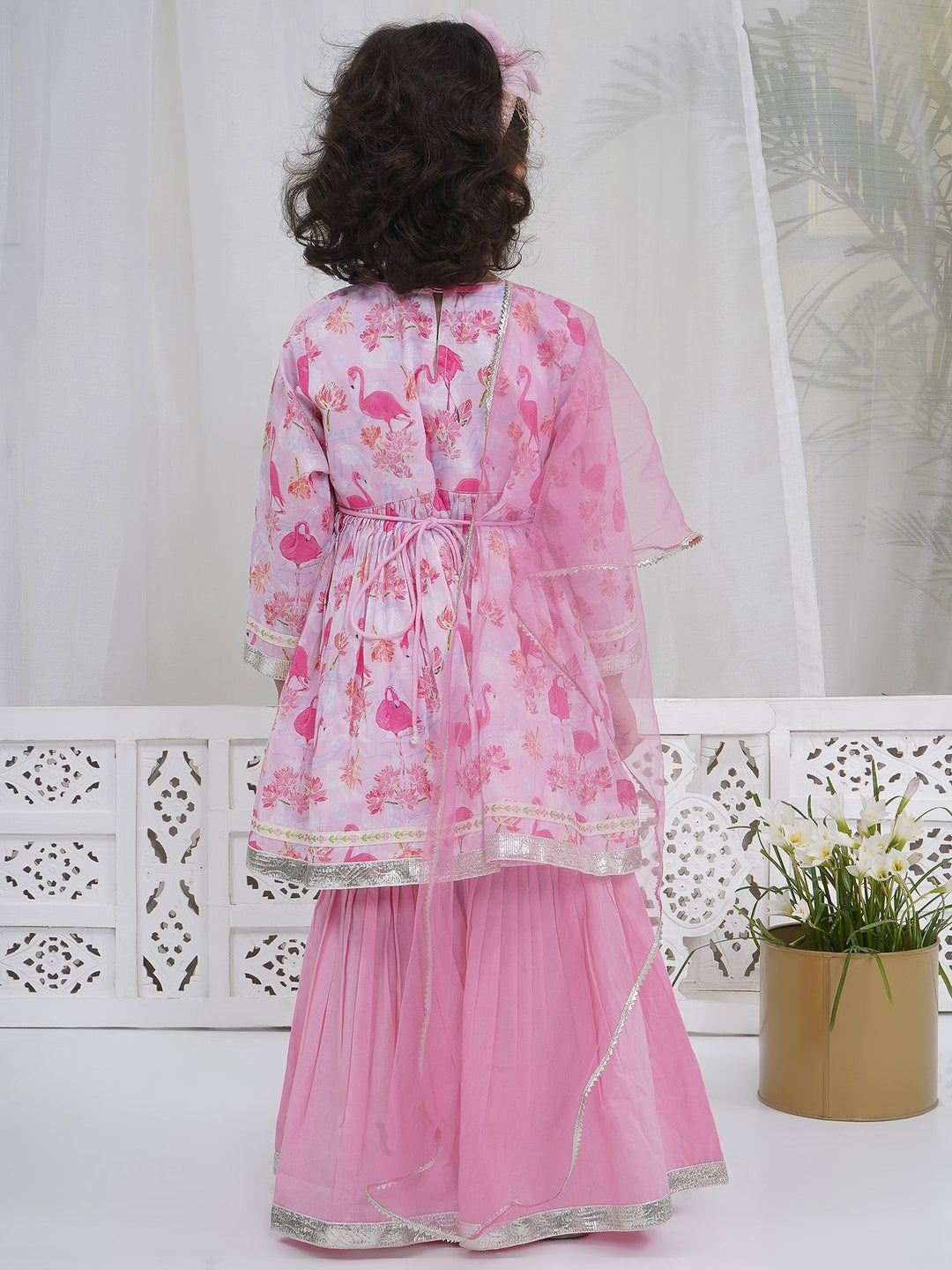 Girls Pink Muslin Flamingo Kurta Sharara Set with Dupatta and Cotton Lining | SHOBITAM