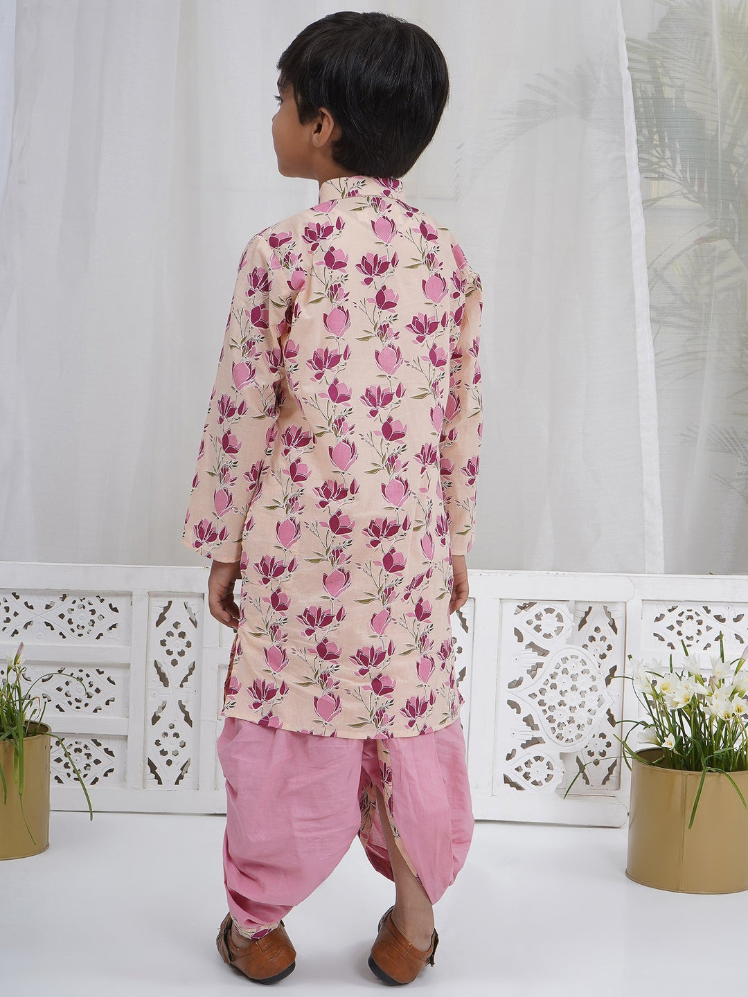 Boys Peach Cotton Lotus Dhoti Kurta Set | SHOBITAM