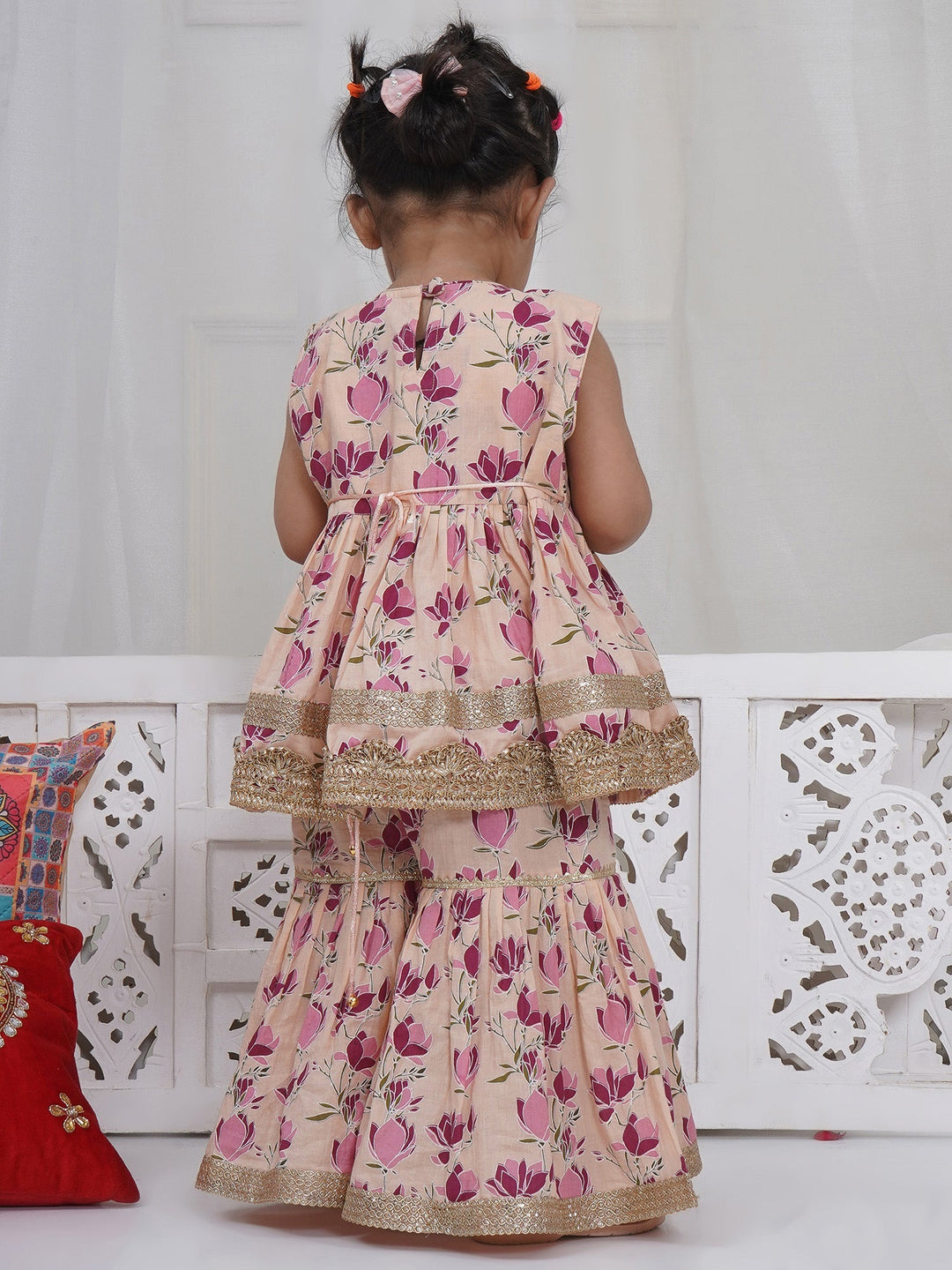 Girls Peach Cotton Lotus Lacework Kurta Sharara Set with Dupatta | SHOBITAM