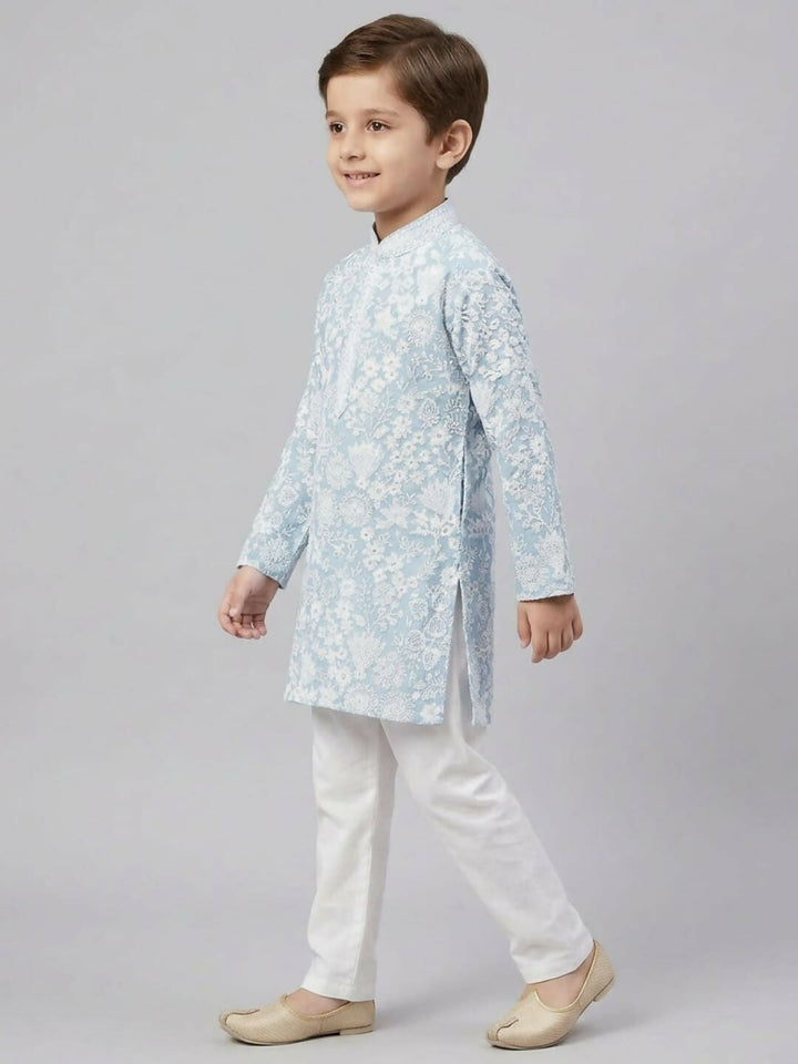 Boys Embroidered Blue Ethnic Wear Kurta Pajama Set | SHOBITAM