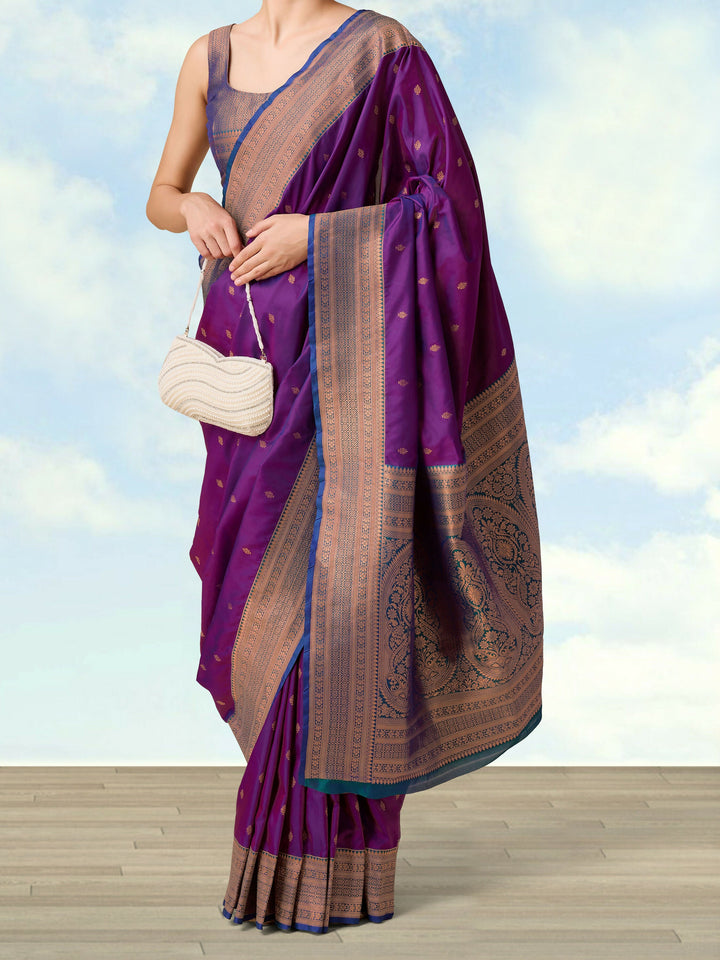 Dark Purple Banarasi Silk Blend Zari Work Saree | SHOBITAM