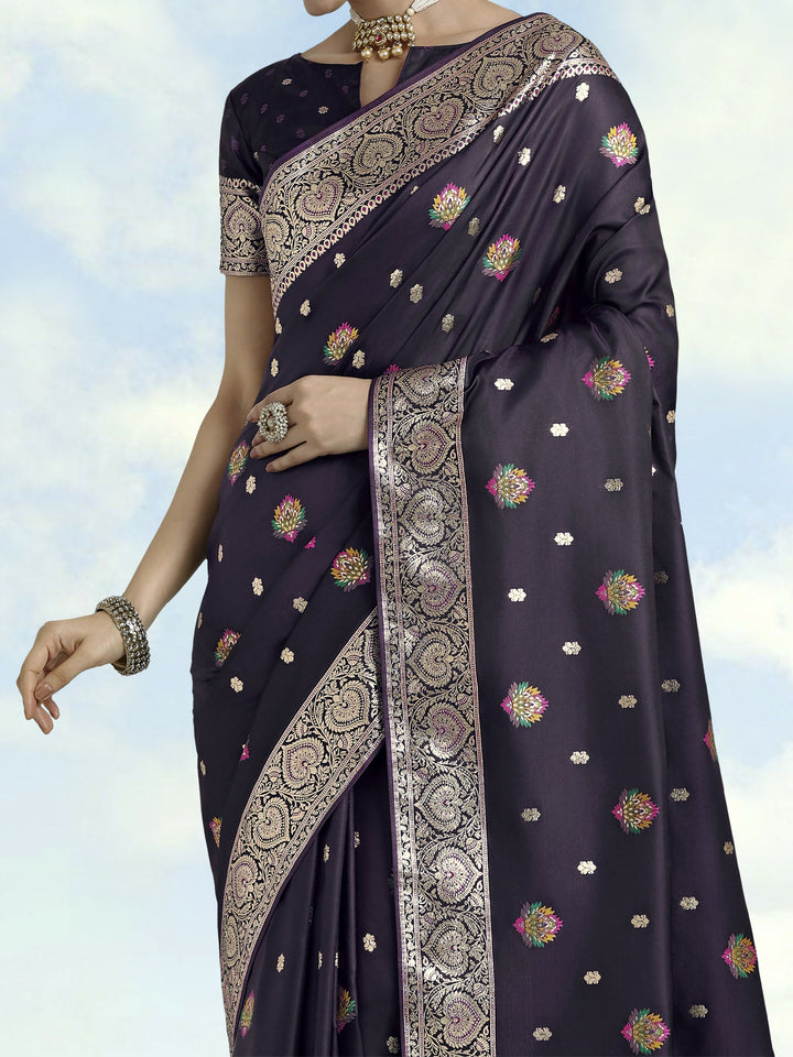 Purple Banarasi Zari Woven Satin Silk Saree | SHOBITAM