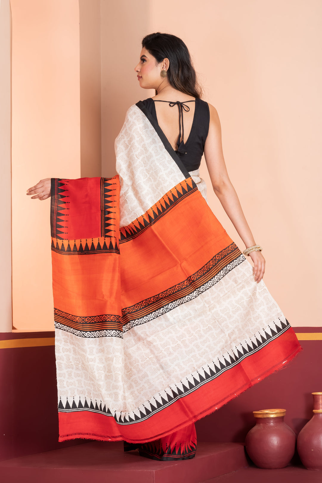 Red and orange skirt border printed pure silk saree  | SILK MARK CERTIFIED | SHOBITAM