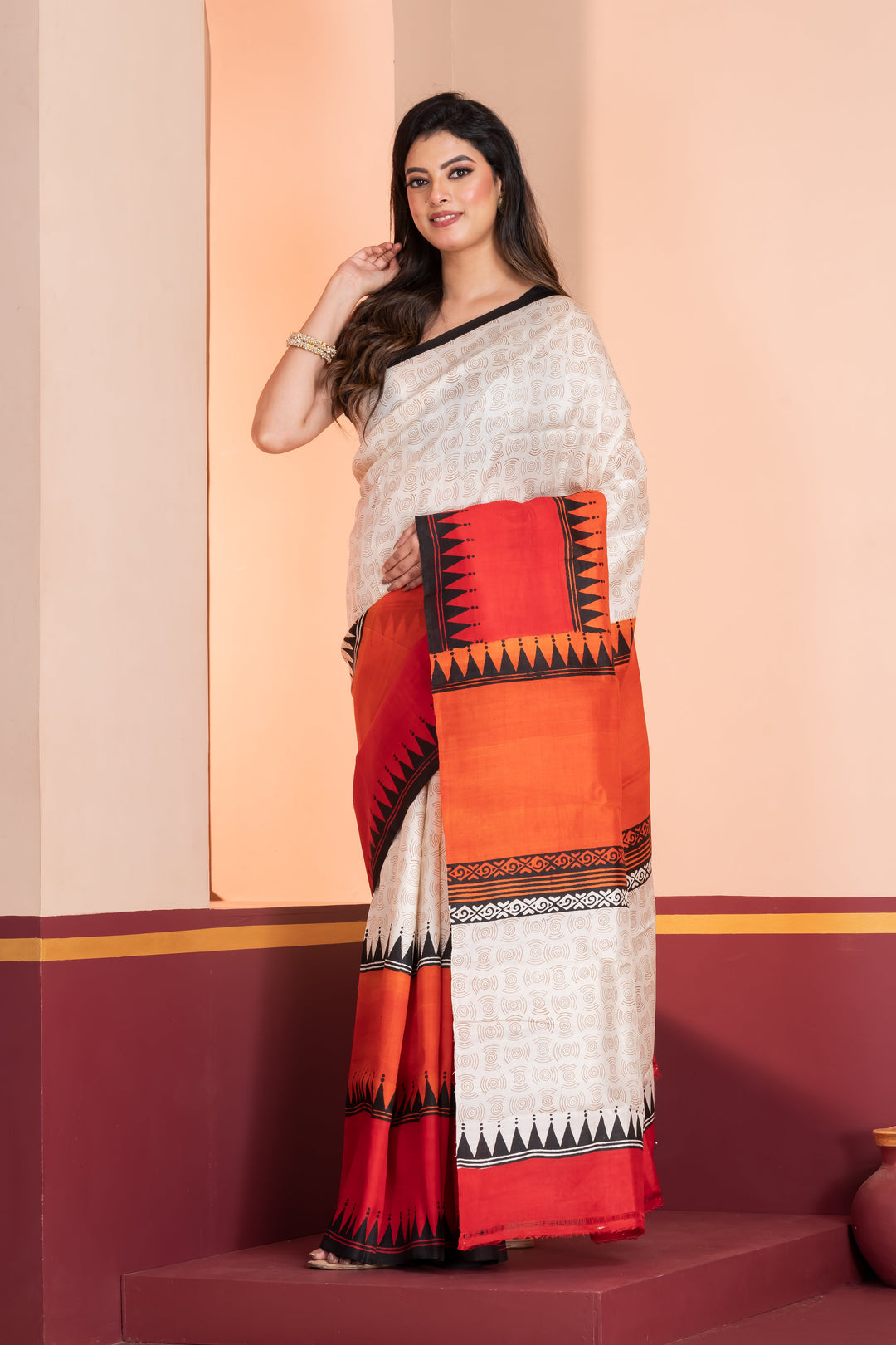 Red and orange skirt border printed pure silk saree  | SILK MARK CERTIFIED | SHOBITAM