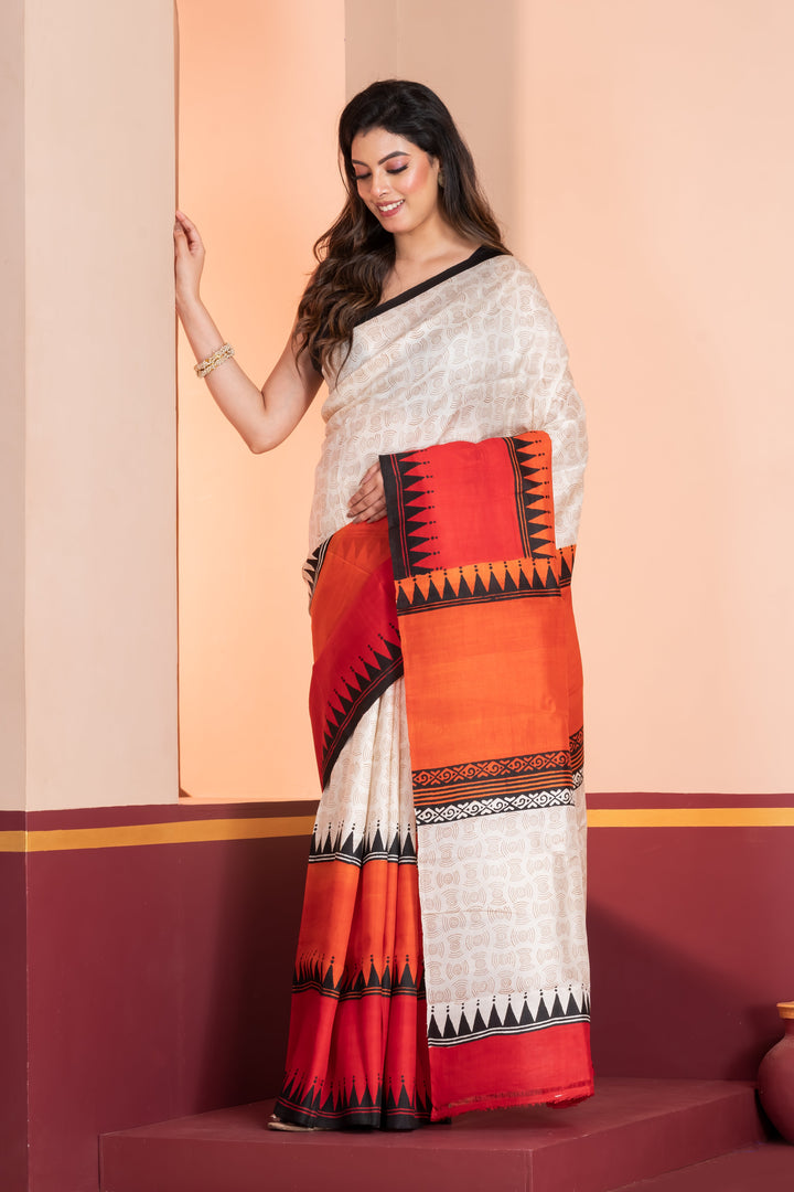 Red and orange skirt border printed pure silk saree  | SILK MARK CERTIFIED | SHOBITAM