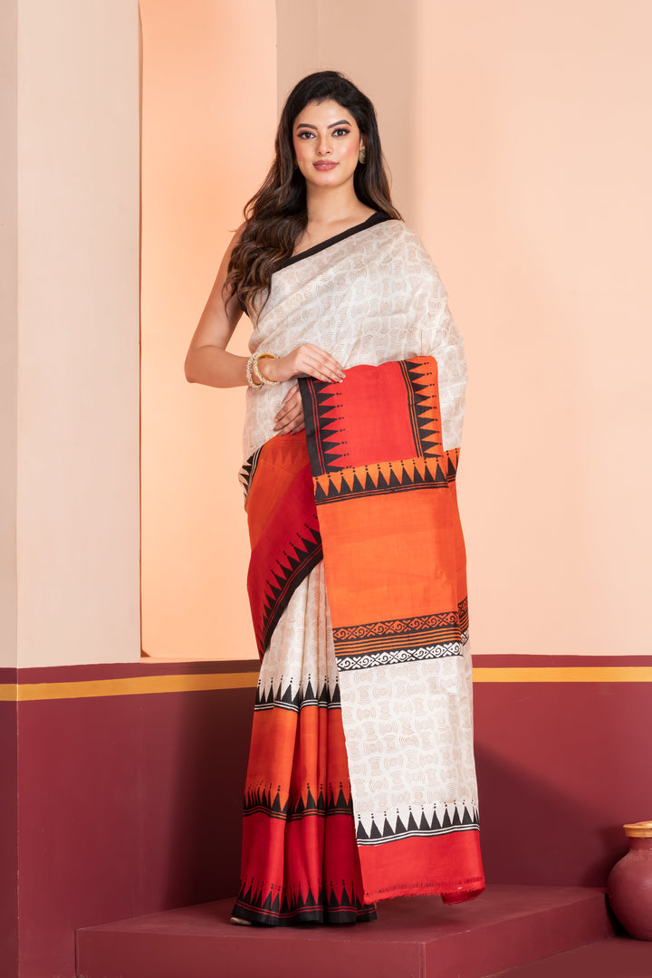 Red and orange skirt border printed pure silk saree  | SILK MARK CERTIFIED | SHOBITAM