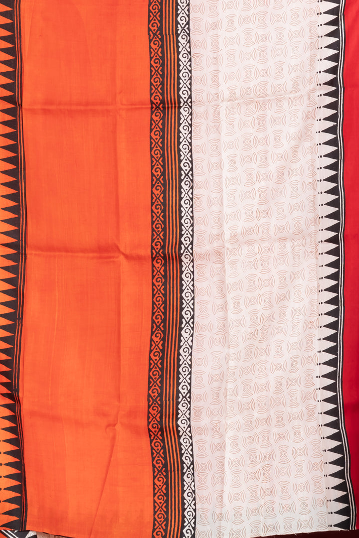 Red and orange skirt border printed pure silk saree  | SILK MARK CERTIFIED | SHOBITAM