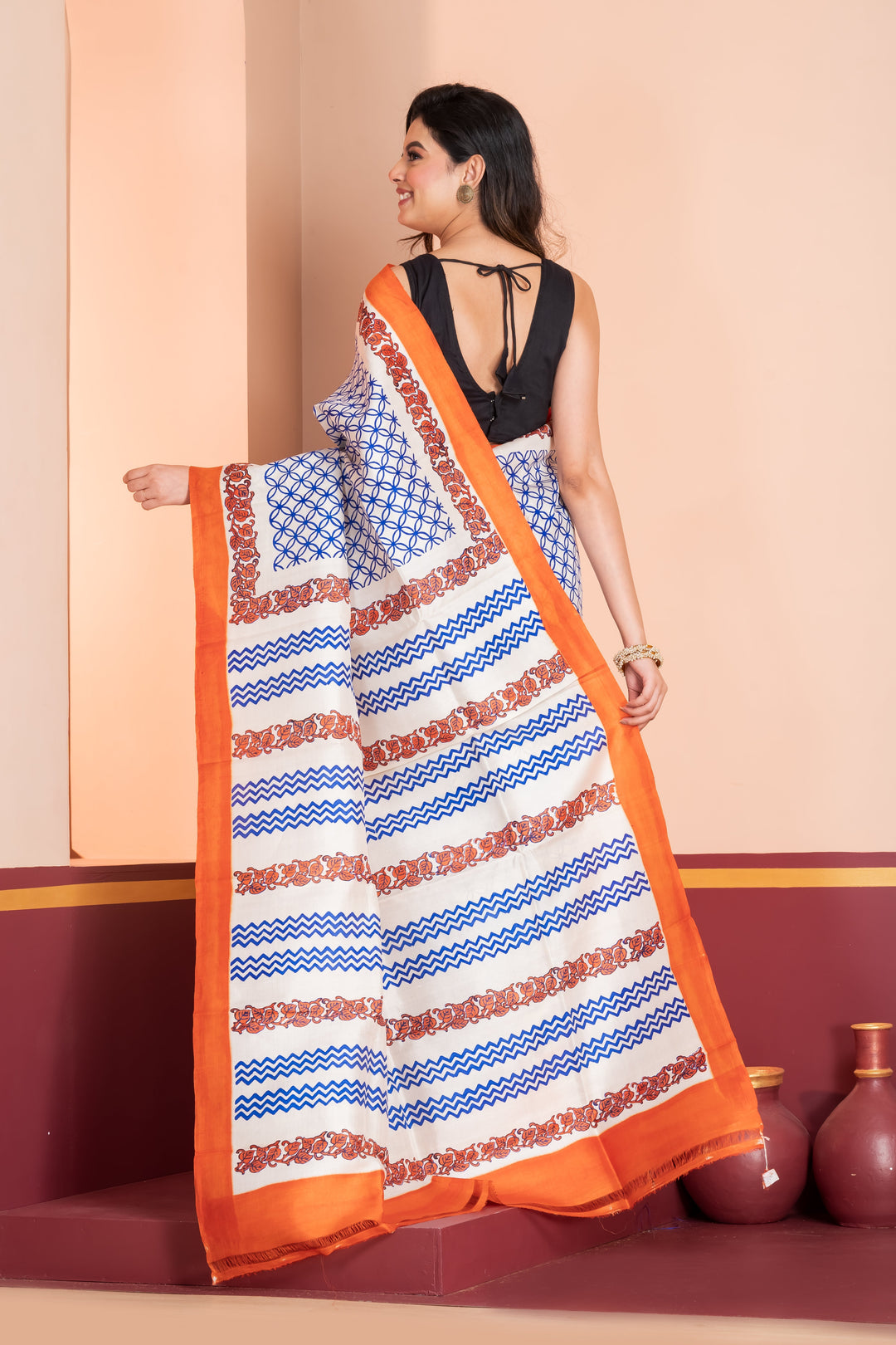 Orange and blue printed silk saree | SILK MARK CERTIFIED | SHOBITAM