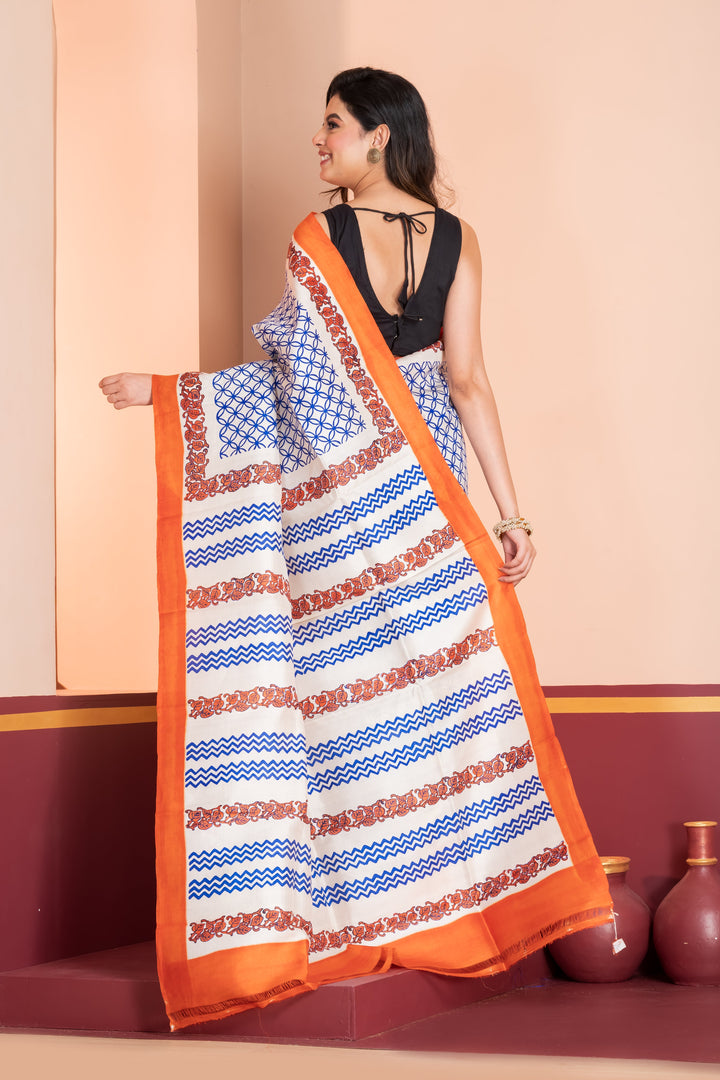 Orange and blue printed silk saree | SILK MARK CERTIFIED | SHOBITAM