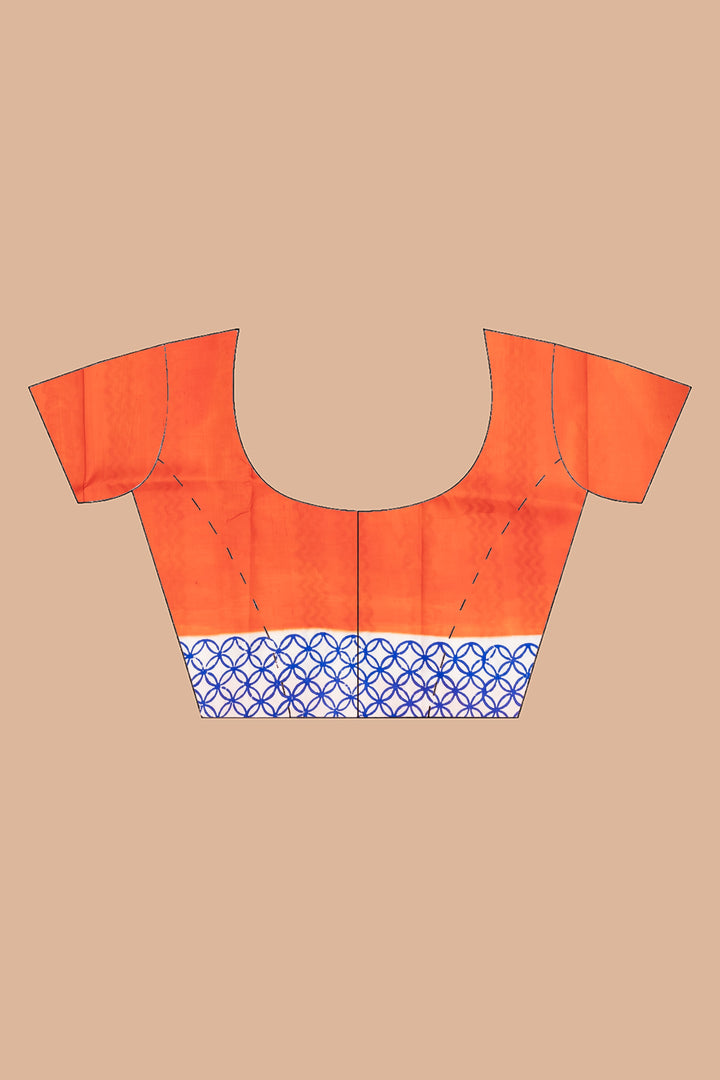 Orange and blue printed silk saree | SILK MARK CERTIFIED | SHOBITAM