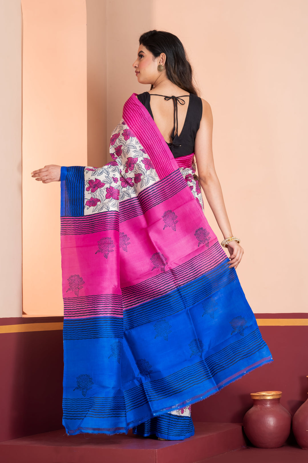 Blue and Pink Printed Silk Saree With  Leaf Prints and  Striped Border | SILK MARK CERTIFIED| Shobitam