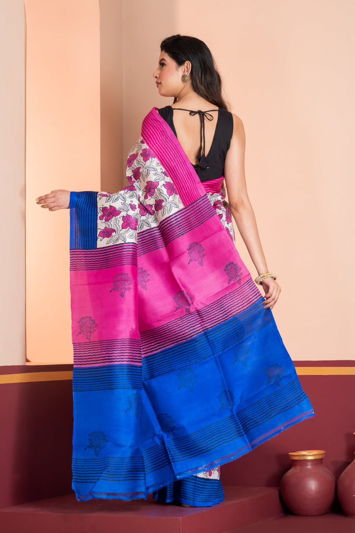 Blue and Pink Printed Silk Saree With  Leaf Prints and  Striped Border | SILK MARK CERTIFIED| Shobitam