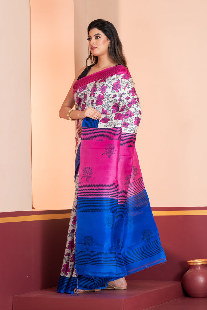Blue and Pink Printed Silk Saree With  Leaf Prints and  Striped Border | SILK MARK CERTIFIED| Shobitam