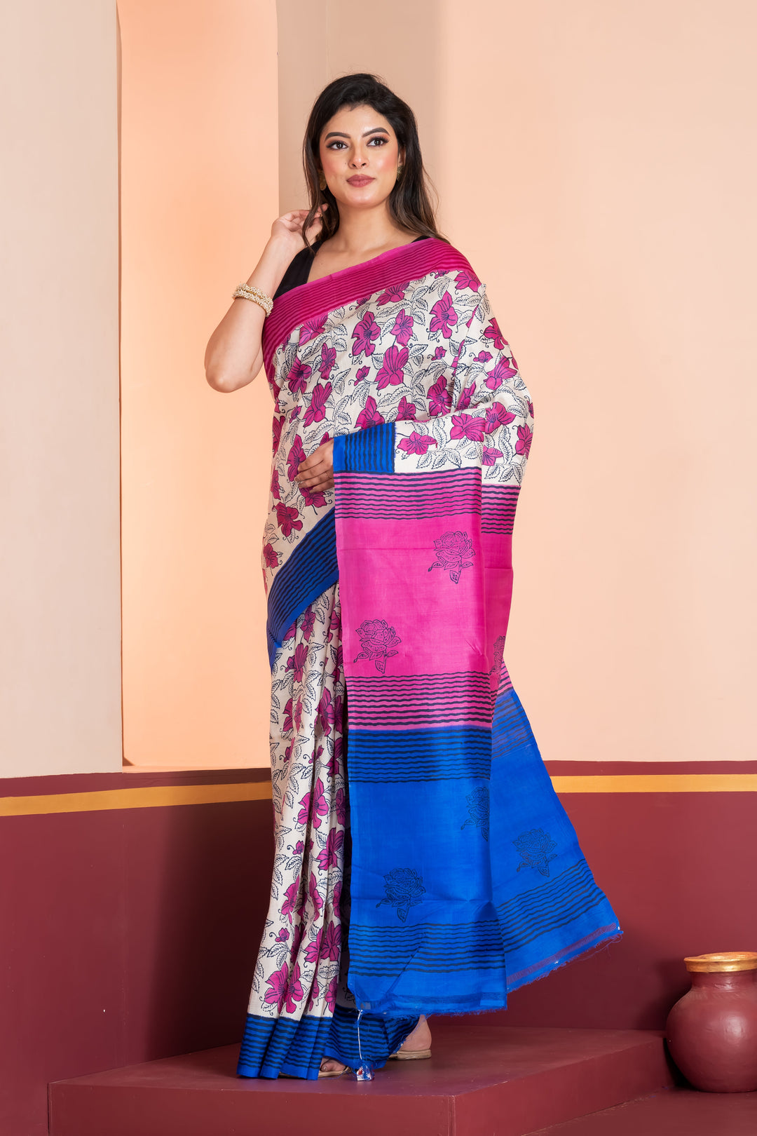 Blue and Pink Printed Silk Saree With  Leaf Prints and  Striped Border | SILK MARK CERTIFIED| Shobitam