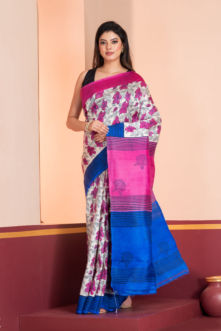 Blue and Pink Printed Silk Saree With  Leaf Prints and  Striped Border | SILK MARK CERTIFIED| Shobitam
