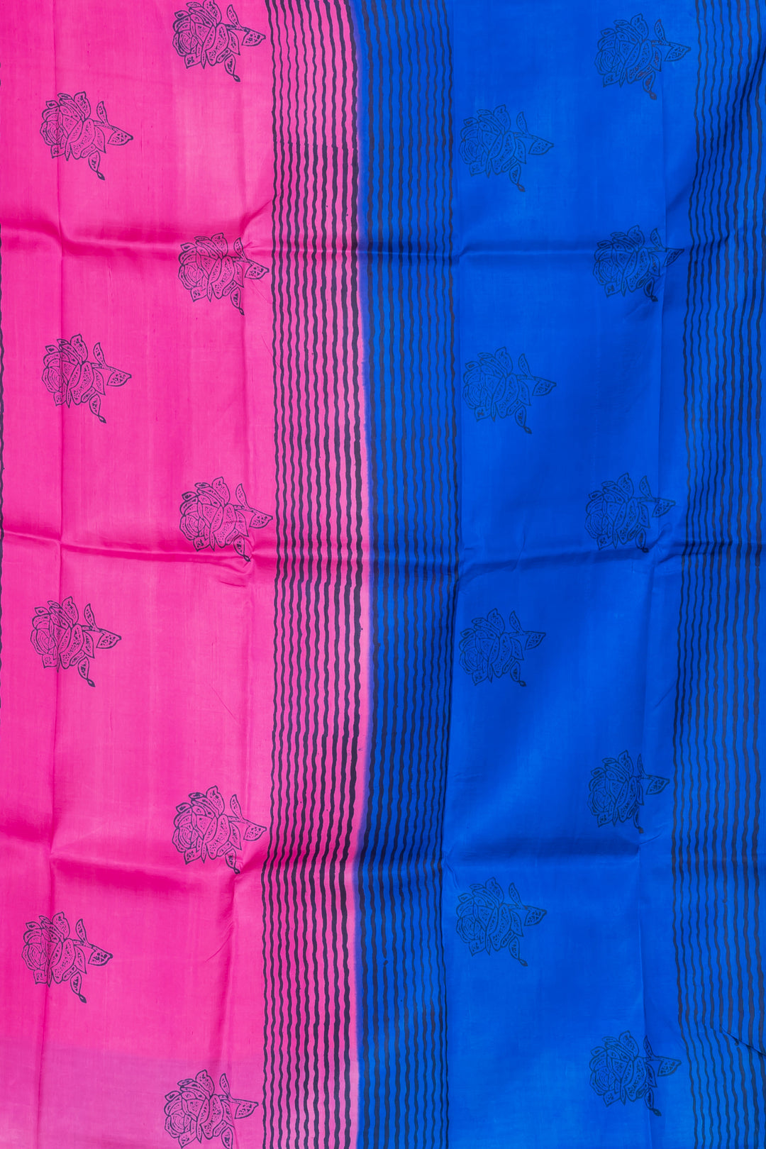 Blue and Pink Printed Silk Saree With  Leaf Prints and  Striped Border | SILK MARK CERTIFIED| Shobitam