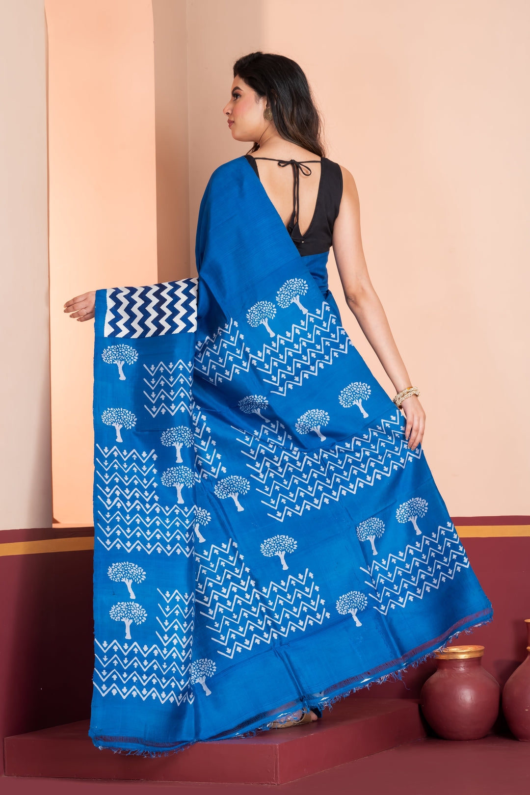 Tree motif printed pure silk in royal blue | SHOBITAM