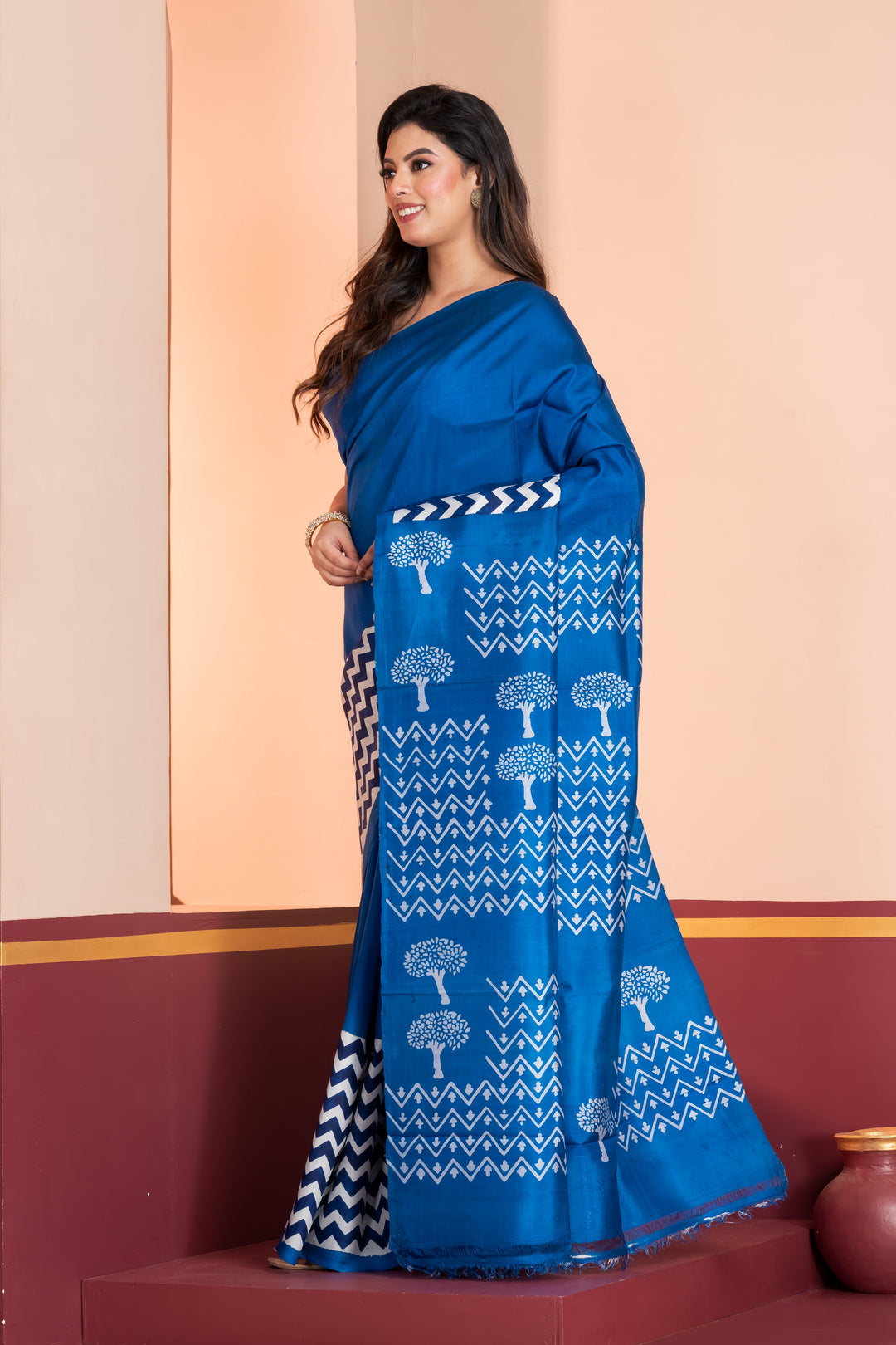 Tree motif printed pure silk in royal blue | SHOBITAM