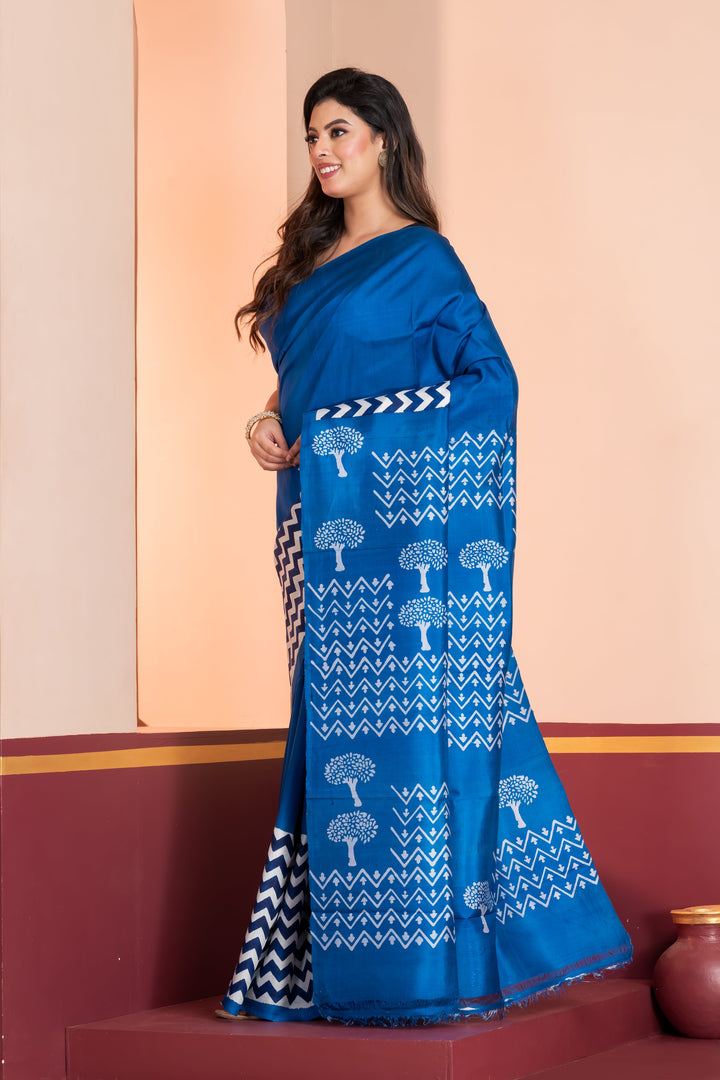 Tree motif printed pure silk in royal blue | SHOBITAM