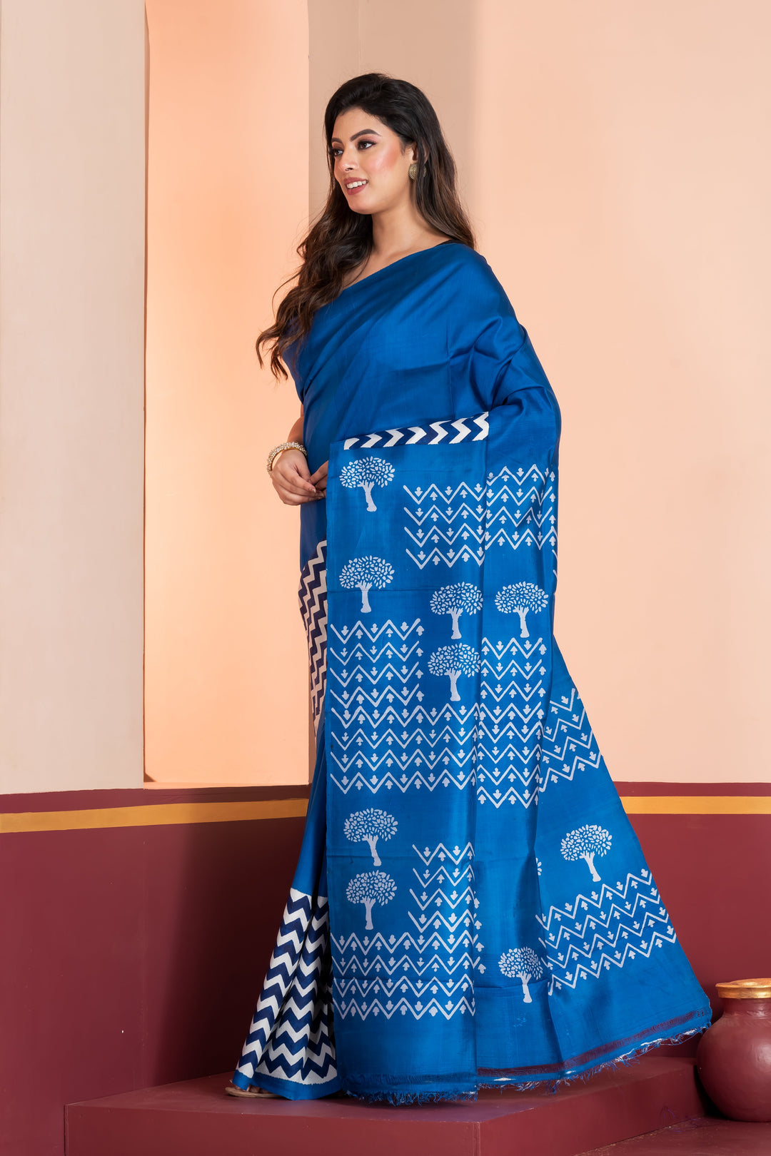 Tree motif printed pure silk in royal blue | SHOBITAM