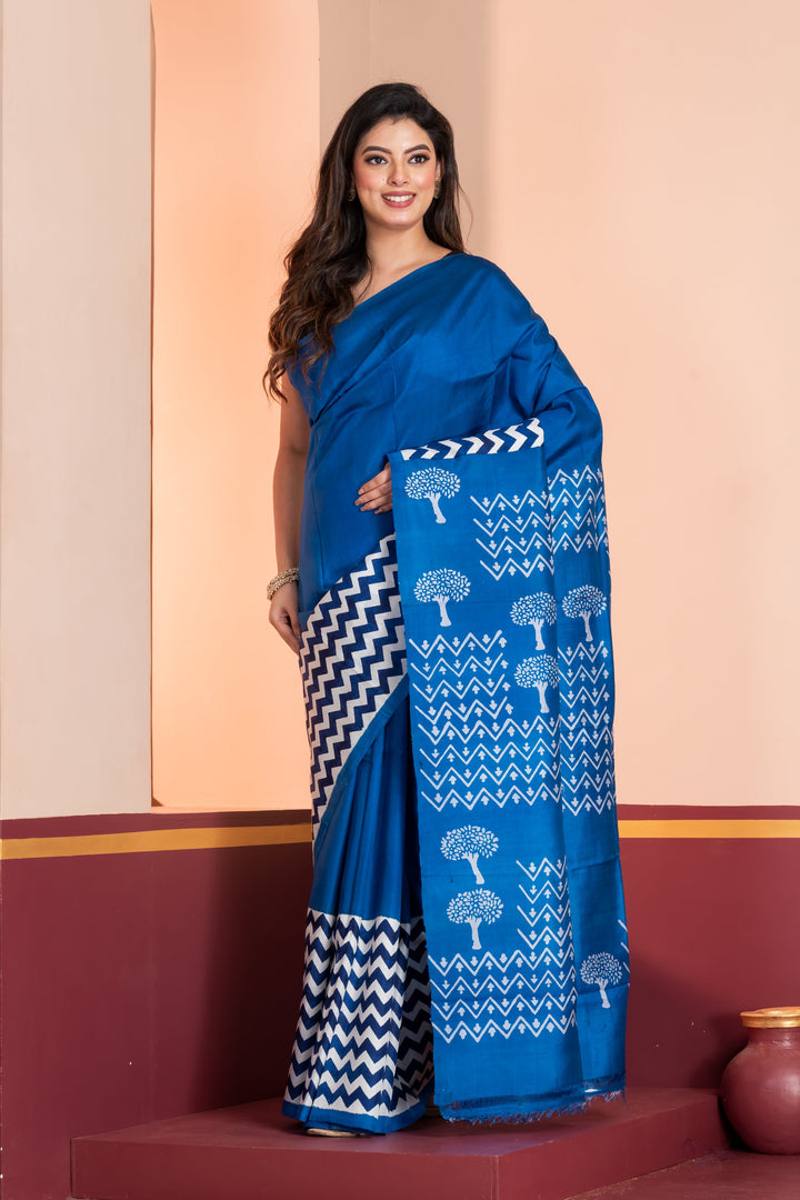 Tree motif printed pure silk in royal blue | SHOBITAM