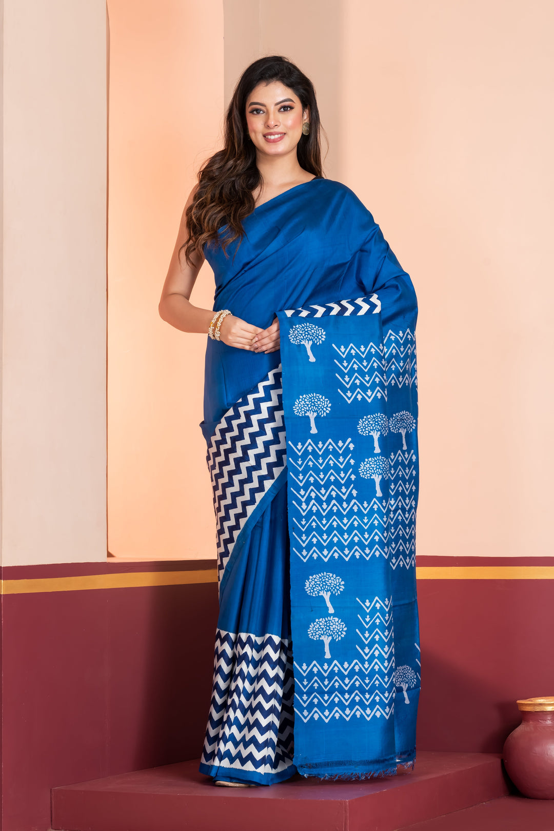 Tree motif printed pure silk in royal blue | SHOBITAM
