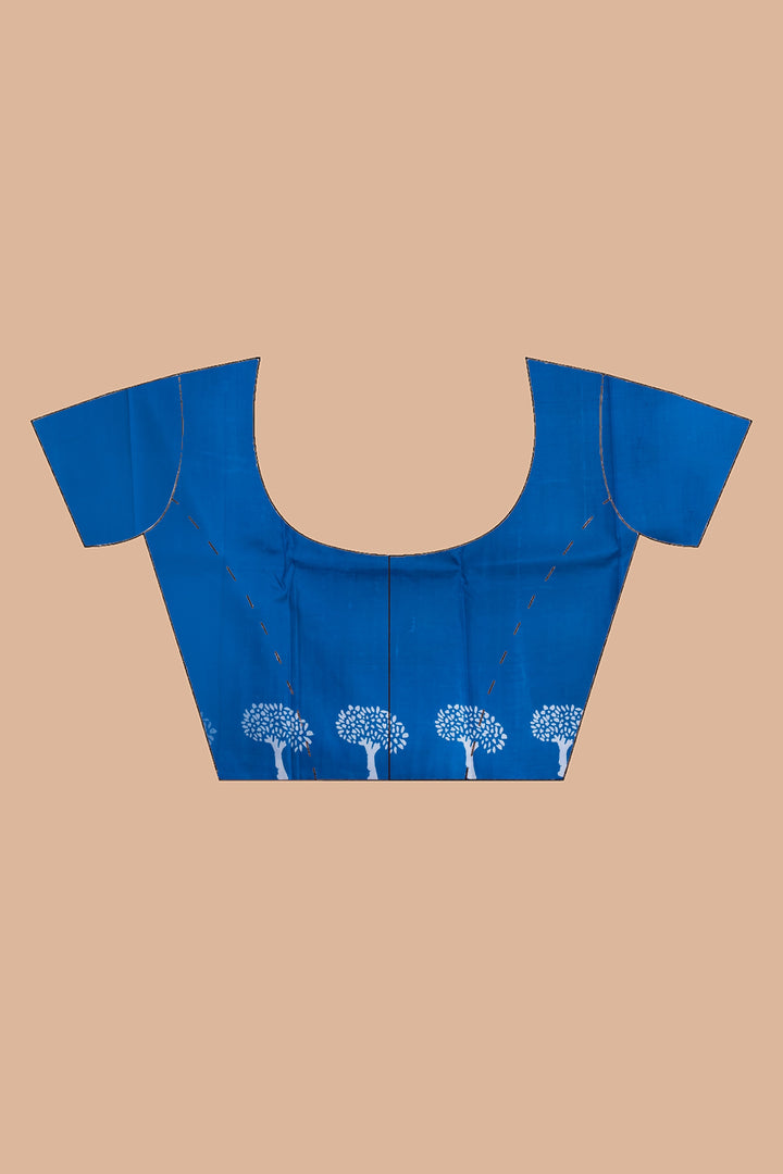 Tree motif printed pure silk in royal blue | SHOBITAM